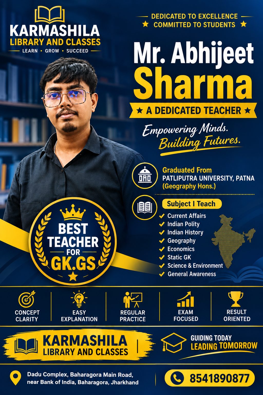 Director Abhijeet Sharma and subjects taught at Karmashila Library & Classes