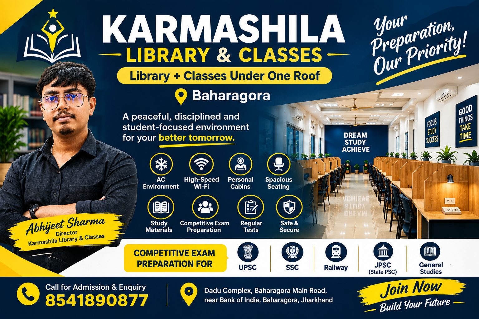 Karmashila Library & Classes study space and facilities promotional poster